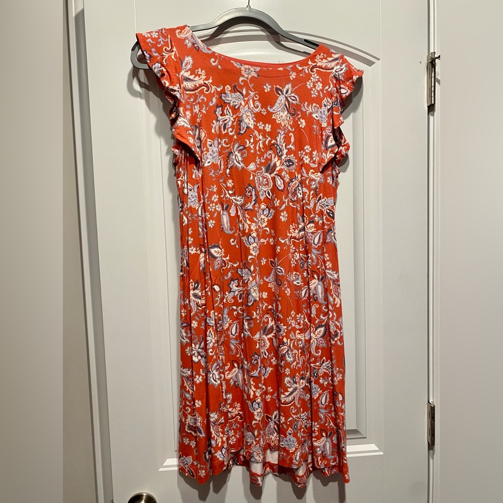 Loft flutter sleeve cotton dress coral print